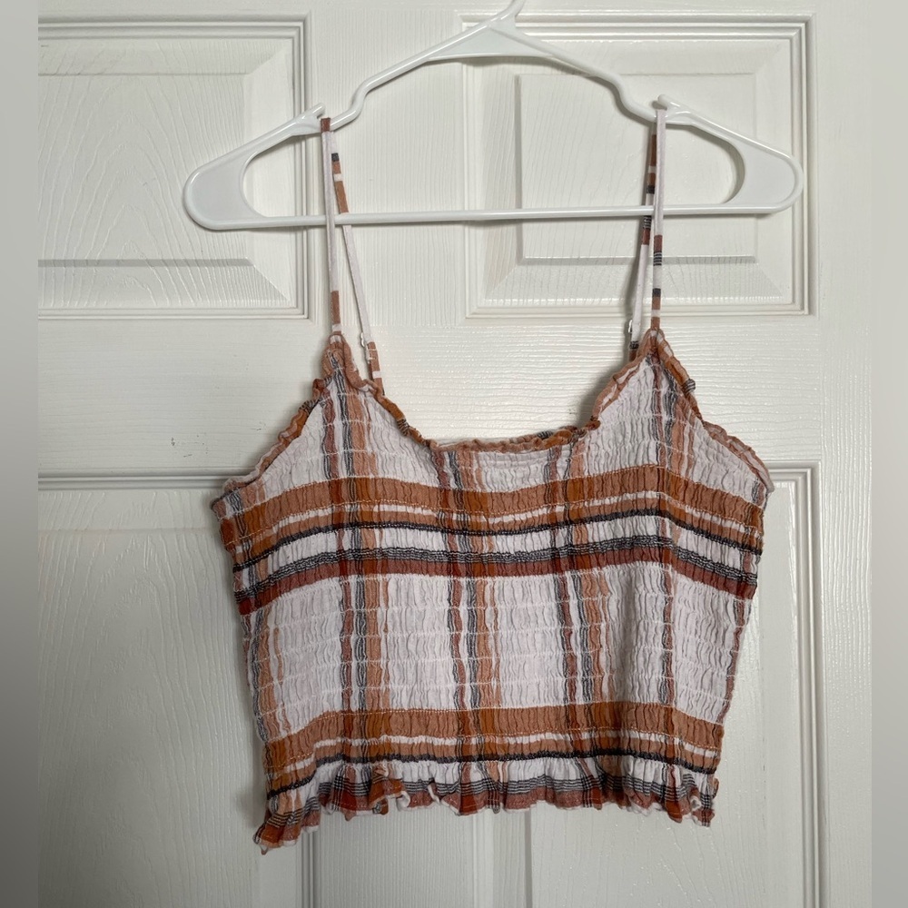 American Eagle Outfitters Women’s Size Medium Rust/White Plaid Smocked Crop Cami